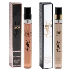 Two Yves Saint Laurent perfumes: Black Opium Eau de Parfum in a 10ml refillable spray and Libre Eau de Parfum with floral notes, also in a 10ml refillable spray.