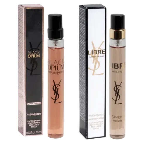 Two Yves Saint Laurent perfumes: Black Opium Eau de Parfum in a 10ml refillable spray and Libre Eau de Parfum with floral notes, also in a 10ml refillable spray.