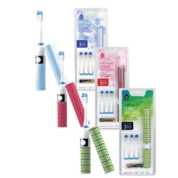 Portable sonic toothbrushes with patterned cases in blue, red, and green. Each pack includes a toothbrush, cover, and three extra brush heads.