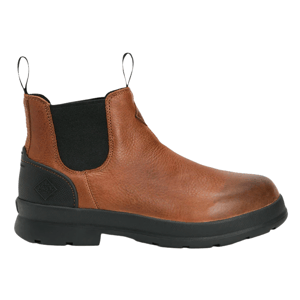 Brown leather ankle boot with black sole and dual pull tabs, featuring elastic side panels for easy slip-on.