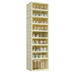 Tall stack of beige modular shoe storage boxes, each with a transparent door, displaying various footwear like heels, sneakers, and boots.