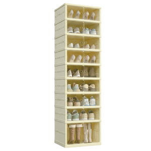Tall stack of beige modular shoe storage boxes, each with a transparent door, displaying various footwear like heels, sneakers, and boots.