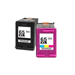 Two remanufactured HP 65XL ink cartridges, one black and one color, are presented side by side.