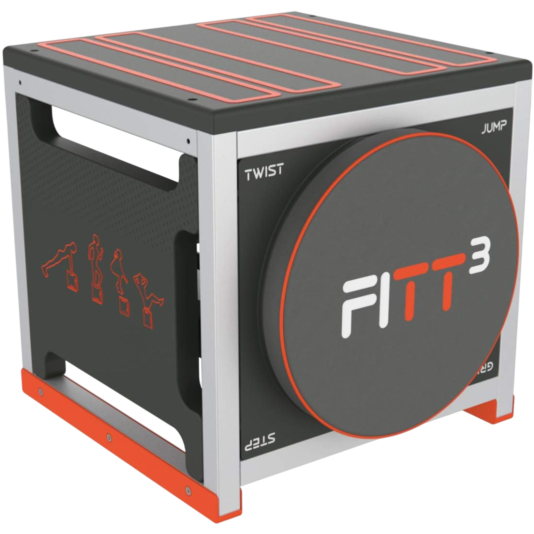 FITT3 exercise cube combines twisting, jumping, and stepping functions, featuring graphics of workout positions and a round panel on the side.