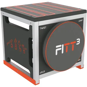 FITT3 exercise cube combines twisting, jumping, and stepping functions, featuring graphics of workout positions and a round panel on the side.