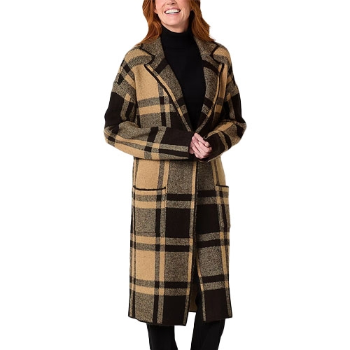A woman is wearing a knee-length coatigan with a wide lapel featuring a plaid pattern in shades of brown, black, and beige.