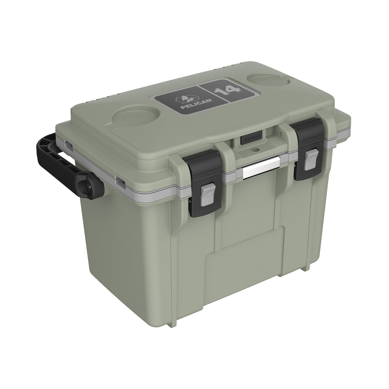 A green Pelican cooler with a 14-quart capacity featuring dual latches, a sturdy handle, and cup holders on the lid.