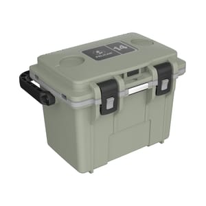 A green Pelican cooler with a 14-quart capacity featuring dual latches, a sturdy handle, and cup holders on the lid.