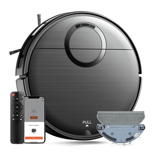 A black circular robot vacuum and mop with WiFi connectivity is shown alongside a remote control, smartphone app display, and detachable water tank with mop attachment, designed for automated cleaning tasks.