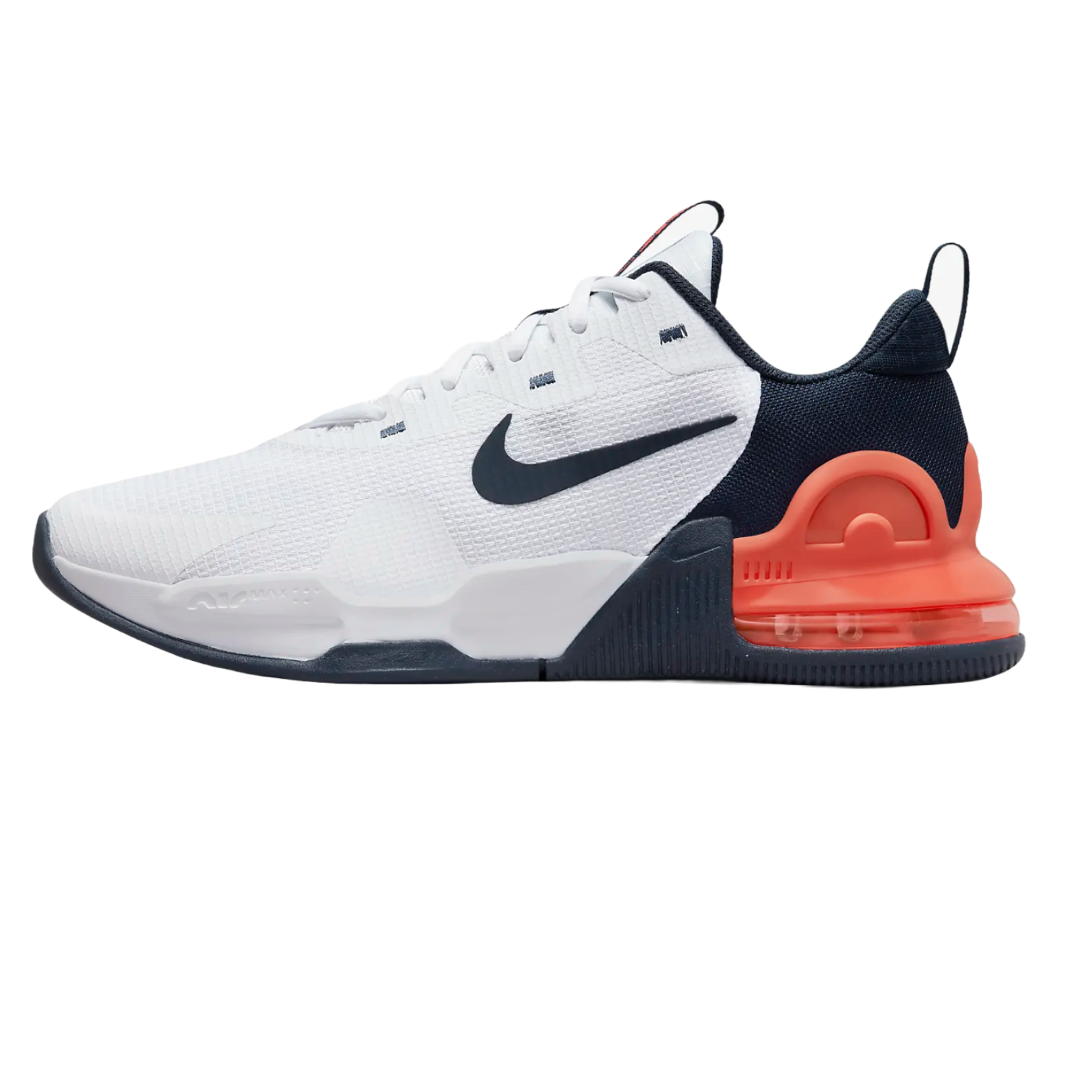 Nike Air Max Alpha Trainers feature a white and navy mesh upper with a bold black swoosh. They have a prominent red Air Max cushioning unit in the heel, designed for stability and support during intense workouts.