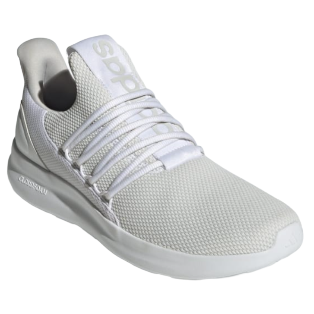 White athletic sneaker with mesh upper, featuring \“Cloudfoam\“ technology on the sole and visible branding on the tongue.