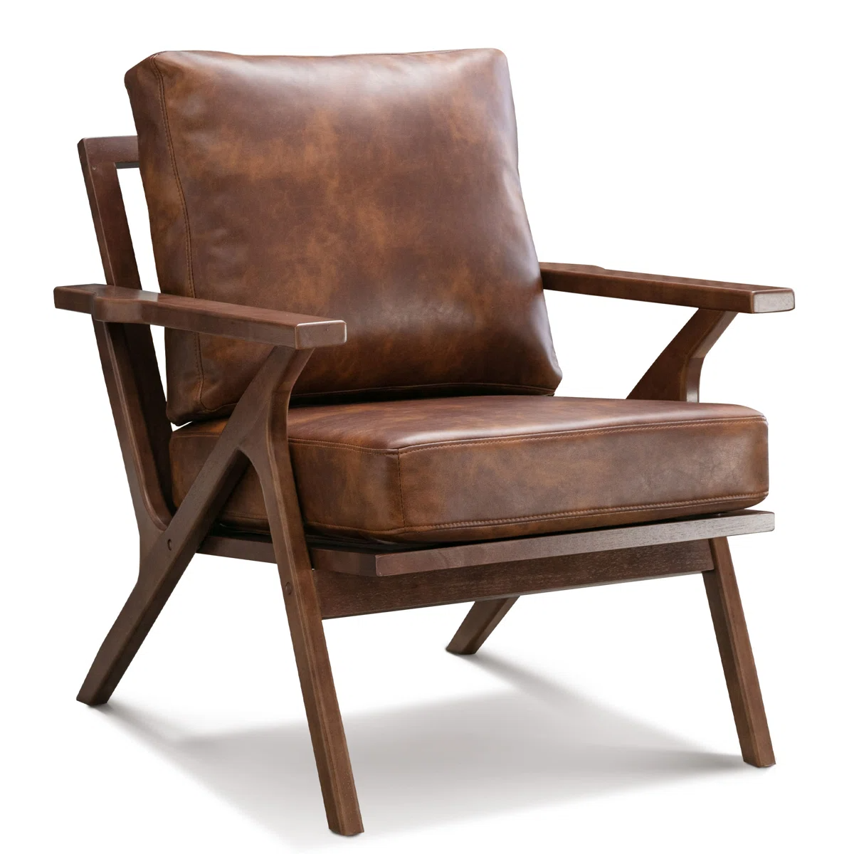 A brown leather lounge chair with a mid-century modern design, featuring a wooden frame, padded backrest, and seat cushion.