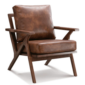 A brown leather lounge chair with a mid-century modern design, featuring a wooden frame, padded backrest, and seat cushion.