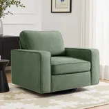 A green swivel accent chair with a modern, boxy design, set on a black base.