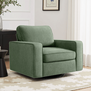 A green swivel accent chair with a modern, boxy design, set on a black base.
