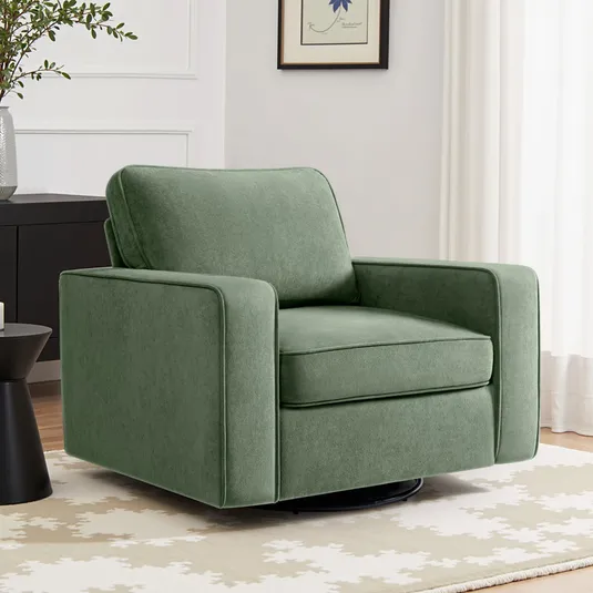 A green swivel accent chair with a modern, boxy design, set on a black base.