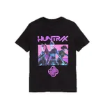 Black T-shirt featuring cartoon characters and the word \“HUNTRX\“ in purple, with a decorative design below.