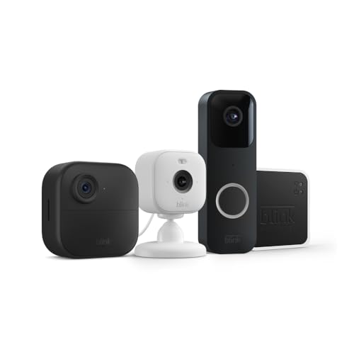The Blink Whole Home Bundle includes four security cameras: two compact outdoor cameras, an indoor camera with a stand, and a video doorbell.