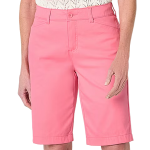 A pair of pink knee-length shorts with a button and zip closure, belt loops, and side pockets.