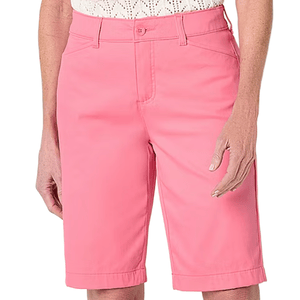 A pair of pink knee-length shorts with a button and zip closure, belt loops, and side pockets.