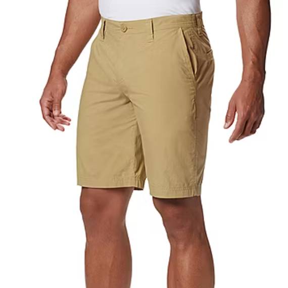 Khaki shorts worn by a male model, showing waist to knees against a white background.