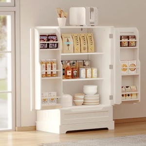 White multipurpose cabinet with food items, kitchen utensils, and a microwave on top.