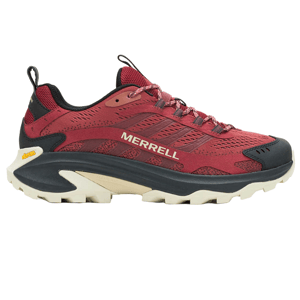 Merrell Moab Speed 2 Shoes in red feature a breathable mesh upper, durable Vibram sole for traction, and a cushioned midsole for added comfort. Ideal for hiking and outdoor activities, they combine lightweight design with rugged construction.