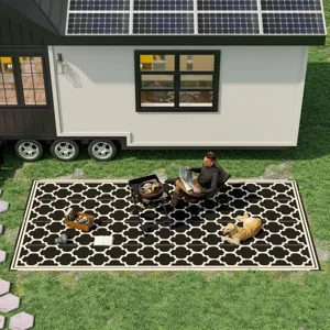 A tiny house on wheels features solar panels on the roof. A person is sitting on a patterned outdoor rug with a dog nearby, a small grill table, and a basket on the grass.