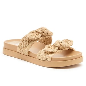 Beige sandal with a flat sole and two braided straps.