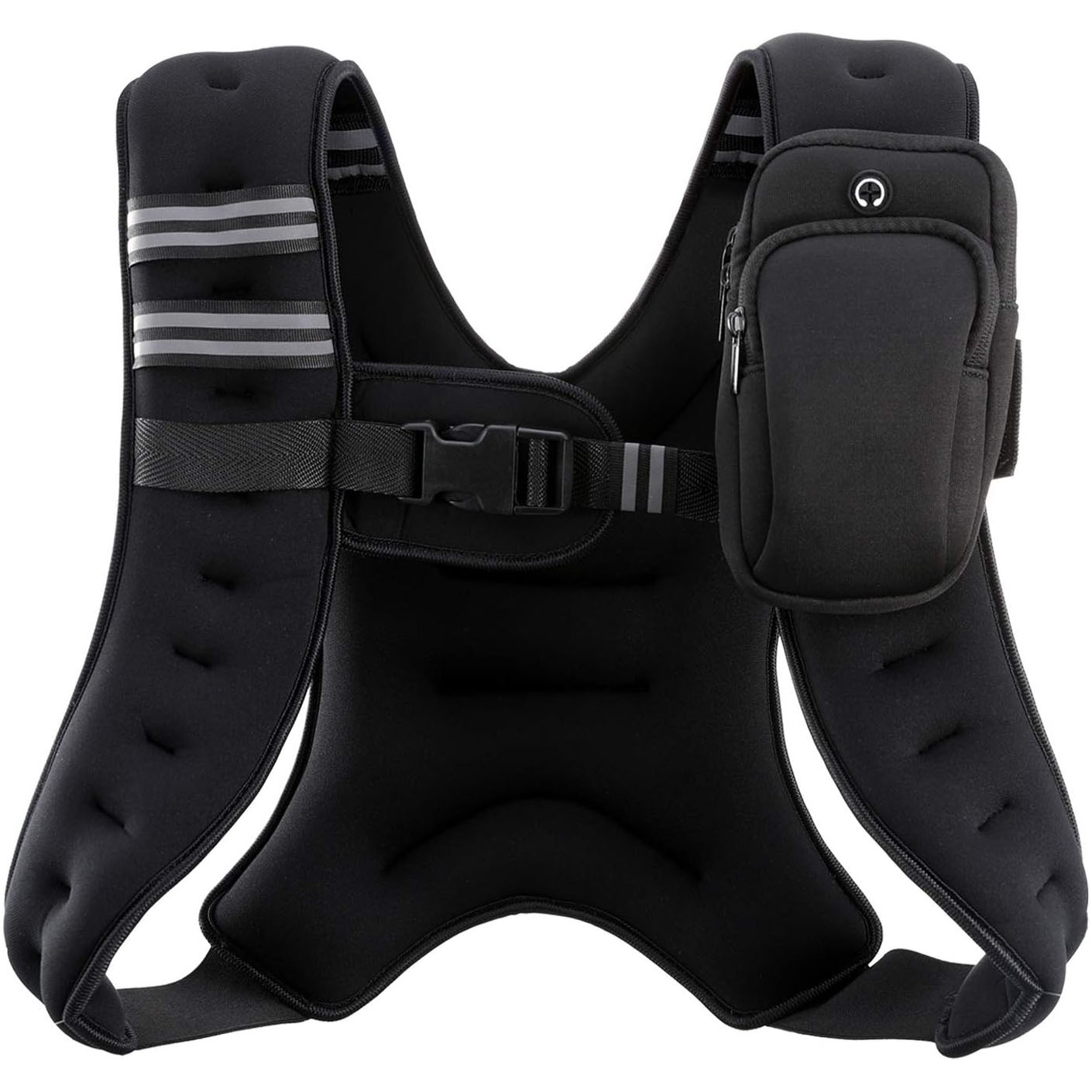 A tactical-style 12lb weighted vest with adjustable straps, reflective bands, and a detachable front pocket for carrying essentials. Ideal for enhancing workouts with added resistance.