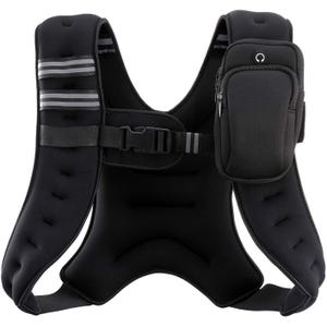A tactical-style 12lb weighted vest with adjustable straps, reflective bands, and a detachable front pocket for carrying essentials. Ideal for enhancing workouts with added resistance.