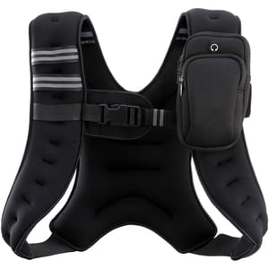A tactical-style 12lb weighted vest with adjustable straps, reflective bands, and a detachable front pocket for carrying essentials. Ideal for enhancing workouts with added resistance.