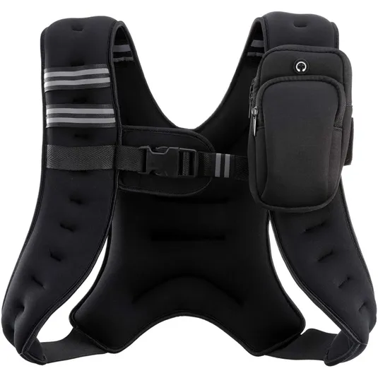 A tactical-style 12lb weighted vest with adjustable straps, reflective bands, and a detachable front pocket for carrying essentials. Ideal for enhancing workouts with added resistance.
