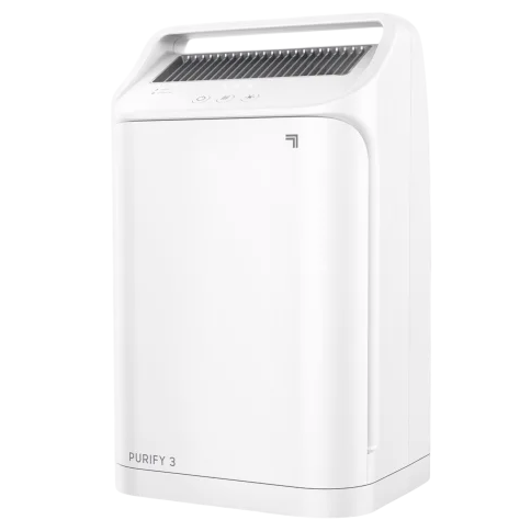 A white air purifier with a modern design and touch controls, labeled \“PURIFY 3\“.
