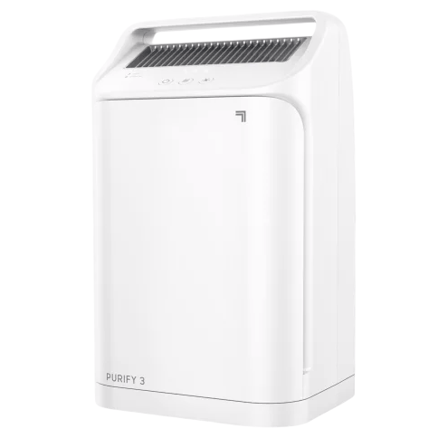 A white air purifier with a modern design and touch controls, labeled \“PURIFY 3\“.
