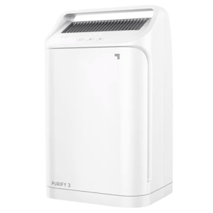 A white air purifier with a modern design and touch controls, labeled \“PURIFY 3\“.