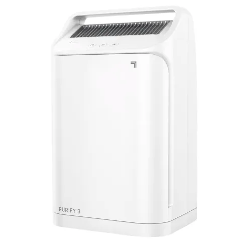 A white air purifier with a modern design and touch controls, labeled \“PURIFY 3\“.