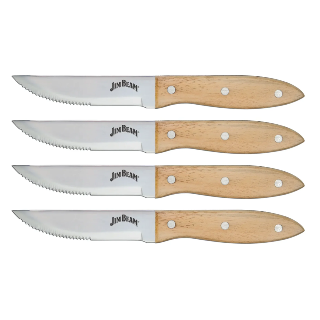 Set of four Jim Beam serrated steak knives with wooden handles and three metal rivets.