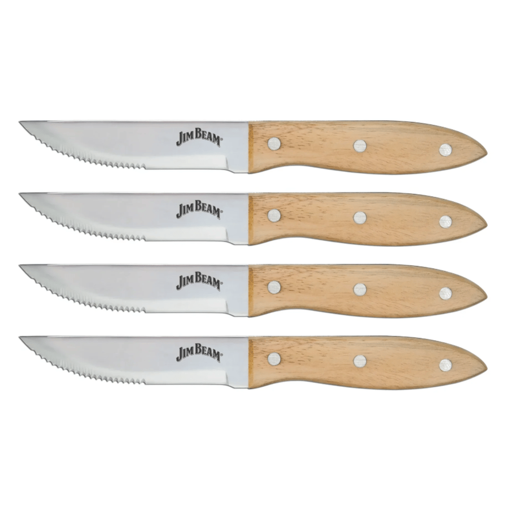 Set of four Jim Beam serrated steak knives with wooden handles and three metal rivets.