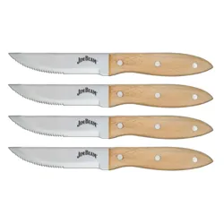 Set of four Jim Beam serrated steak knives with wooden handles and three metal rivets.