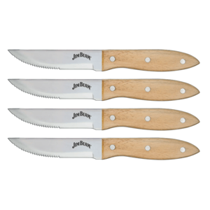 Set of four Jim Beam serrated steak knives with wooden handles and three metal rivets.