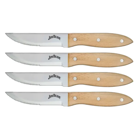 Set of four Jim Beam serrated steak knives with wooden handles and three metal rivets.