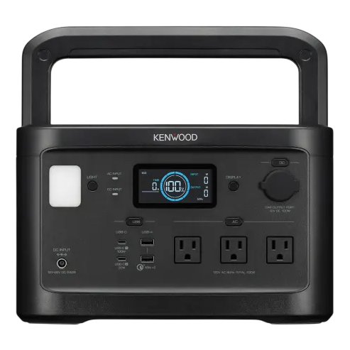 A Kenwood portable power station with three AC outlets, USB ports, a DC input, LED display, and a built-in flashlight.