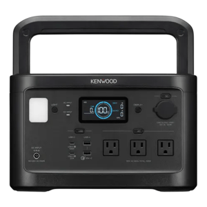 A Kenwood portable power station with three AC outlets, USB ports, a DC input, LED display, and a built-in flashlight.