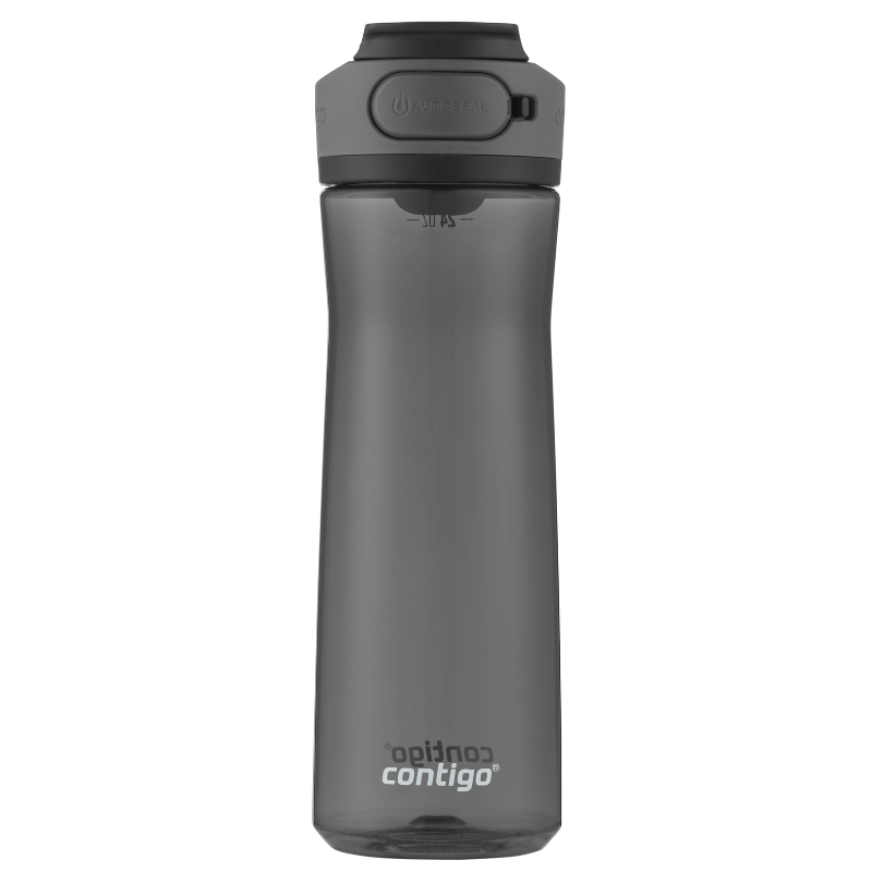 A gray Contigo water bottle featuring an AutoSeal lid for spill-proof use and convenient portability.
