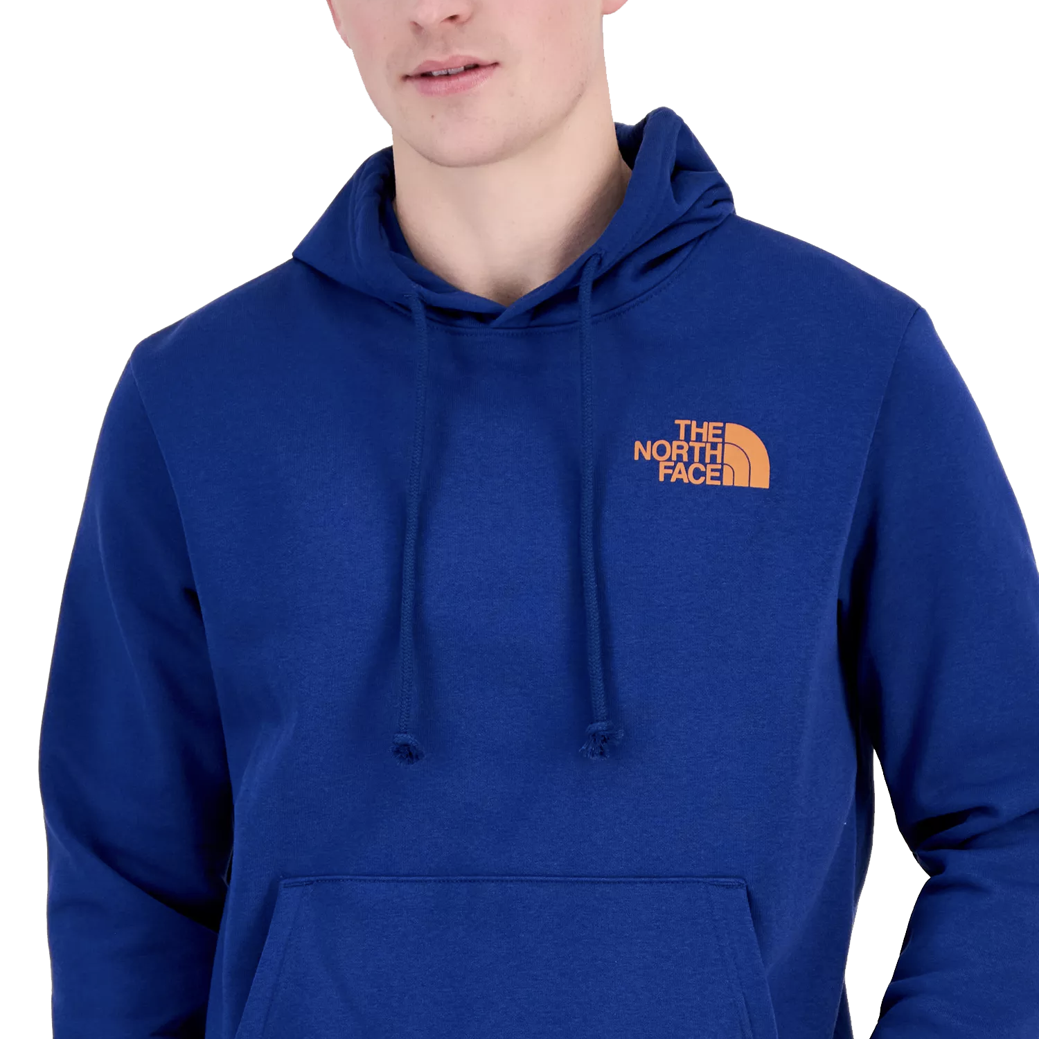 A blue hoodie from The North Face featuring an orange logo on the chest, a front pocket, and a drawstring hood.