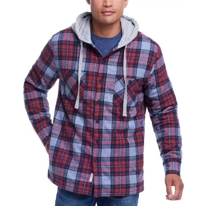 A plaid shirt jacket with a red and blue pattern, featuring two front pockets and a gray hood. The interior is lined with Sherpa fabric for added warmth, and the jacket has a button-up front.