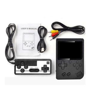 Retro handheld gaming console with a controller, USB and AV cables, and a user manual.