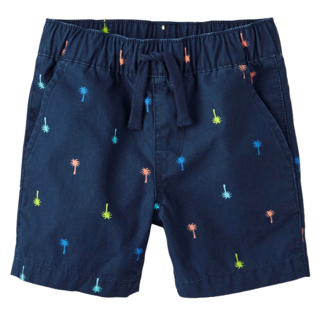 Navy blue shorts with colorful embroidered palm trees, featuring an elastic waistband and a drawstring for adjustable fitting.