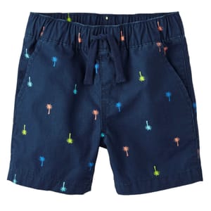 Navy blue shorts with colorful embroidered palm trees, featuring an elastic waistband and a drawstring for adjustable fitting.